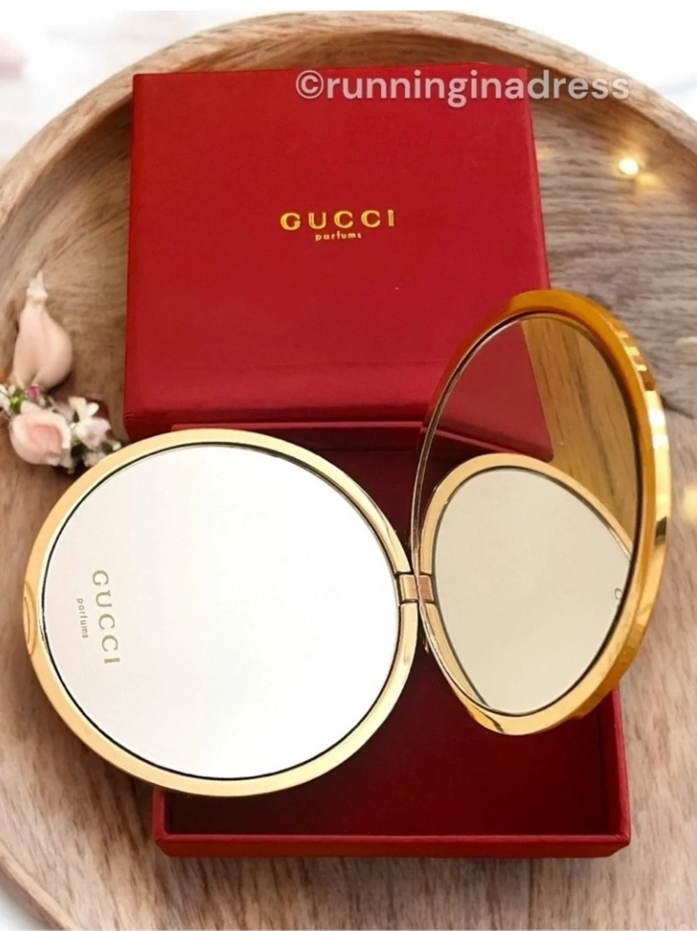 NIB Gucci Parfums Gold Embossed Monogram Compact Double Makeup Pocket Mirror